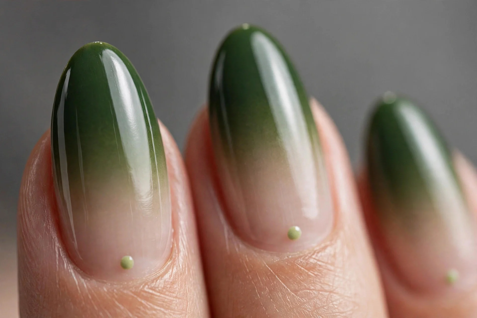 Almond nails with deep matcha tips fading to bare nail, tiny pale matcha dot at cuticle, glossy, gray background