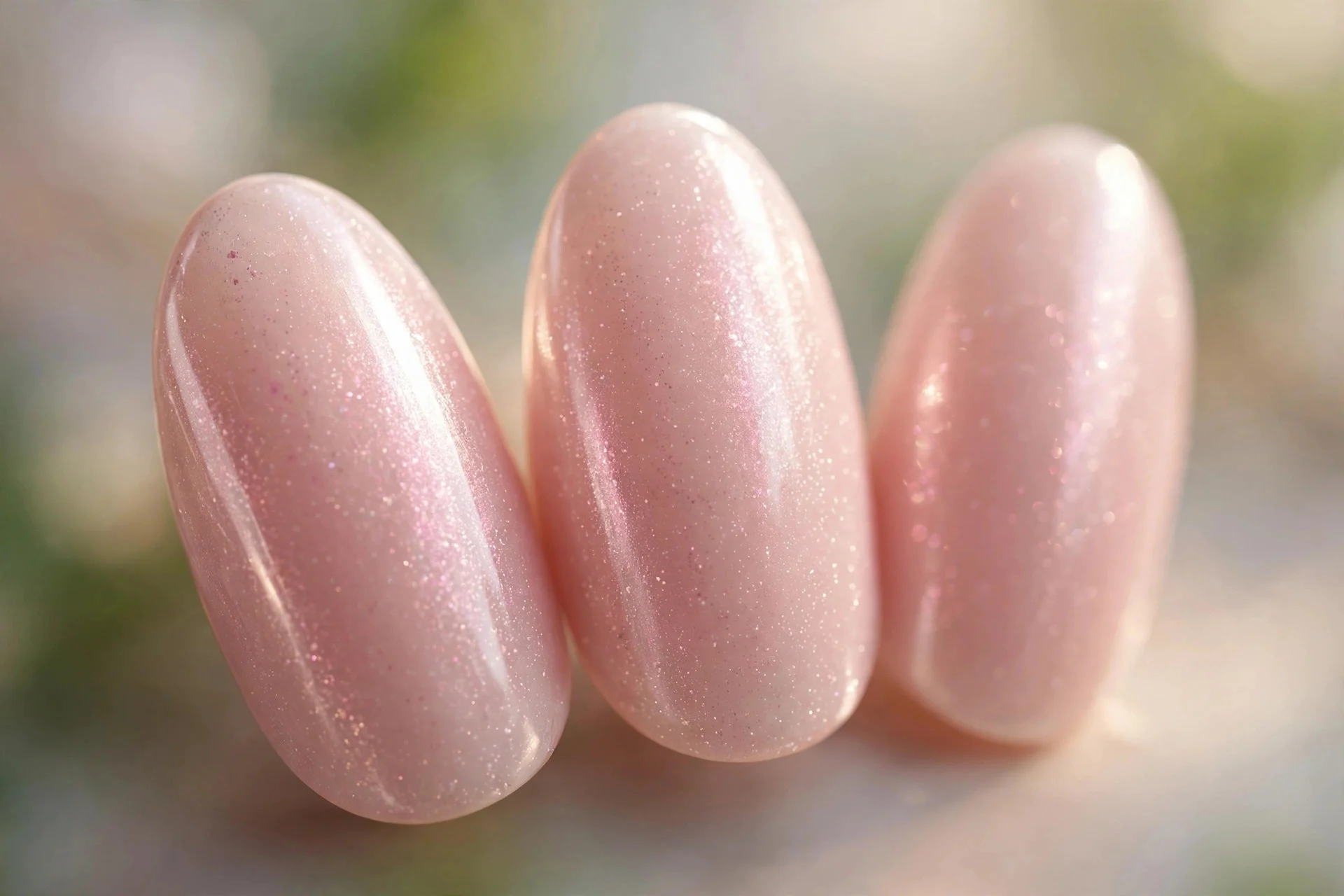 Pearlescent blush pink nails with subtle shimmer, almond nails