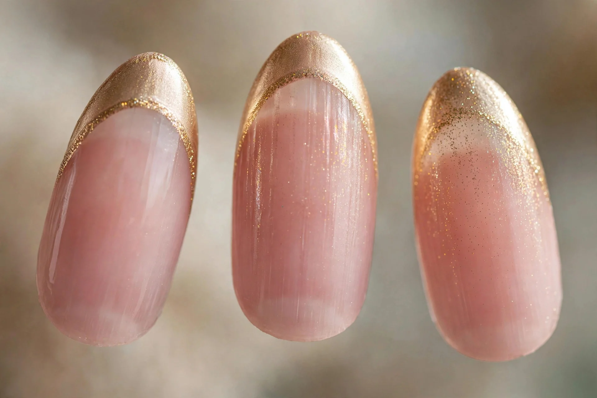 Sheer pink nails with champagne gold French tips, almond nails