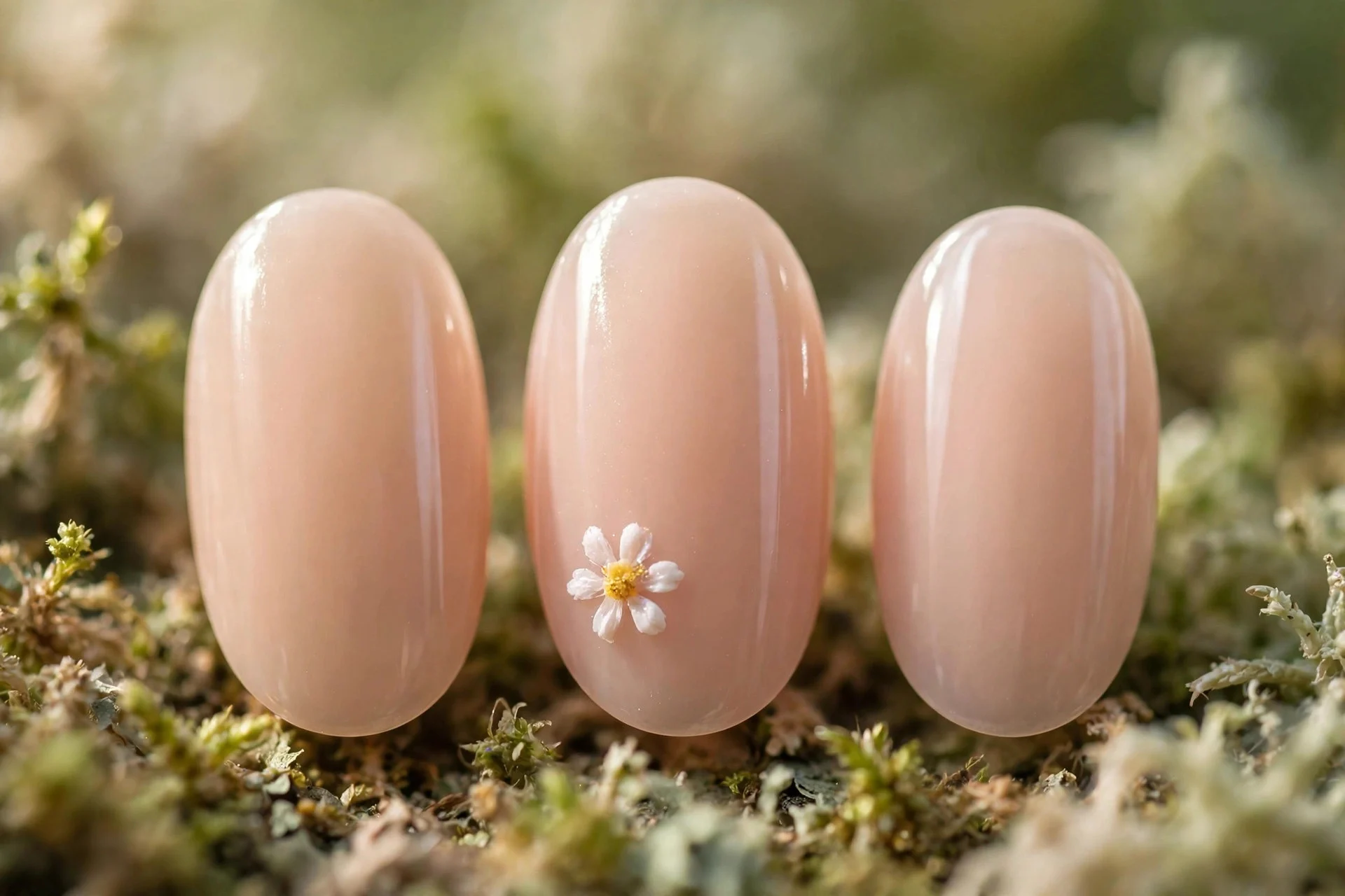Nude nails with tiny white daisy accent on ring fingers, oval nails