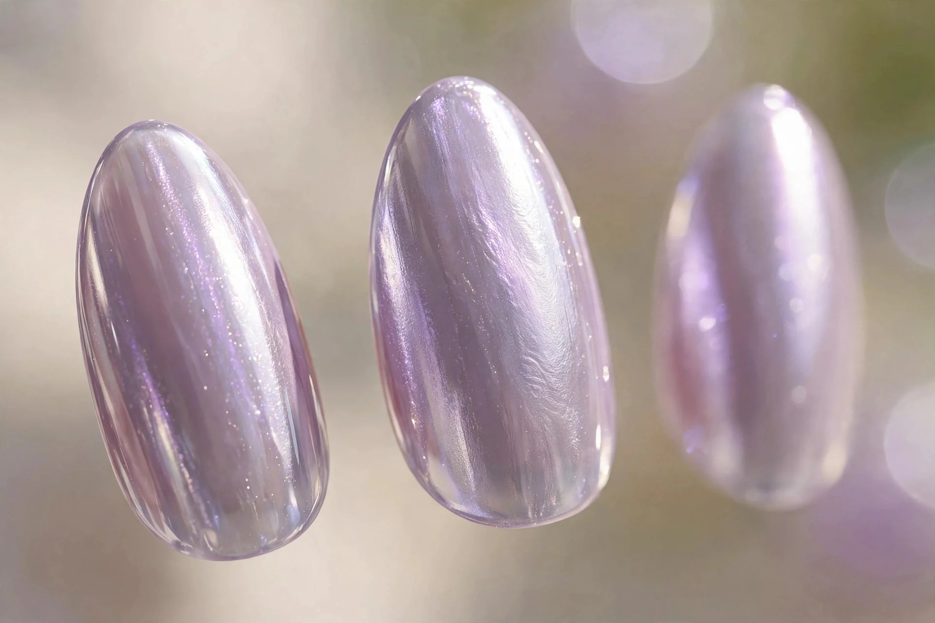 Sheer lilac nails with subtle chrome shift, almond nails