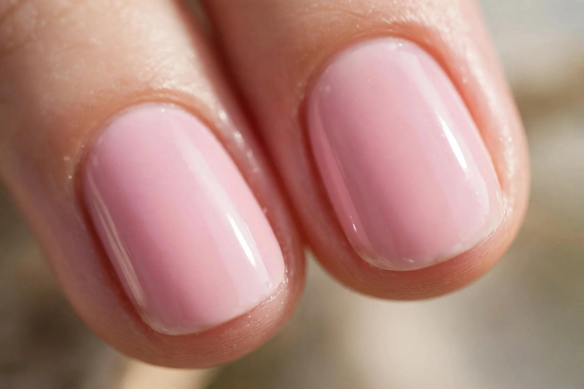 Soft petal pink polish, short oval nails