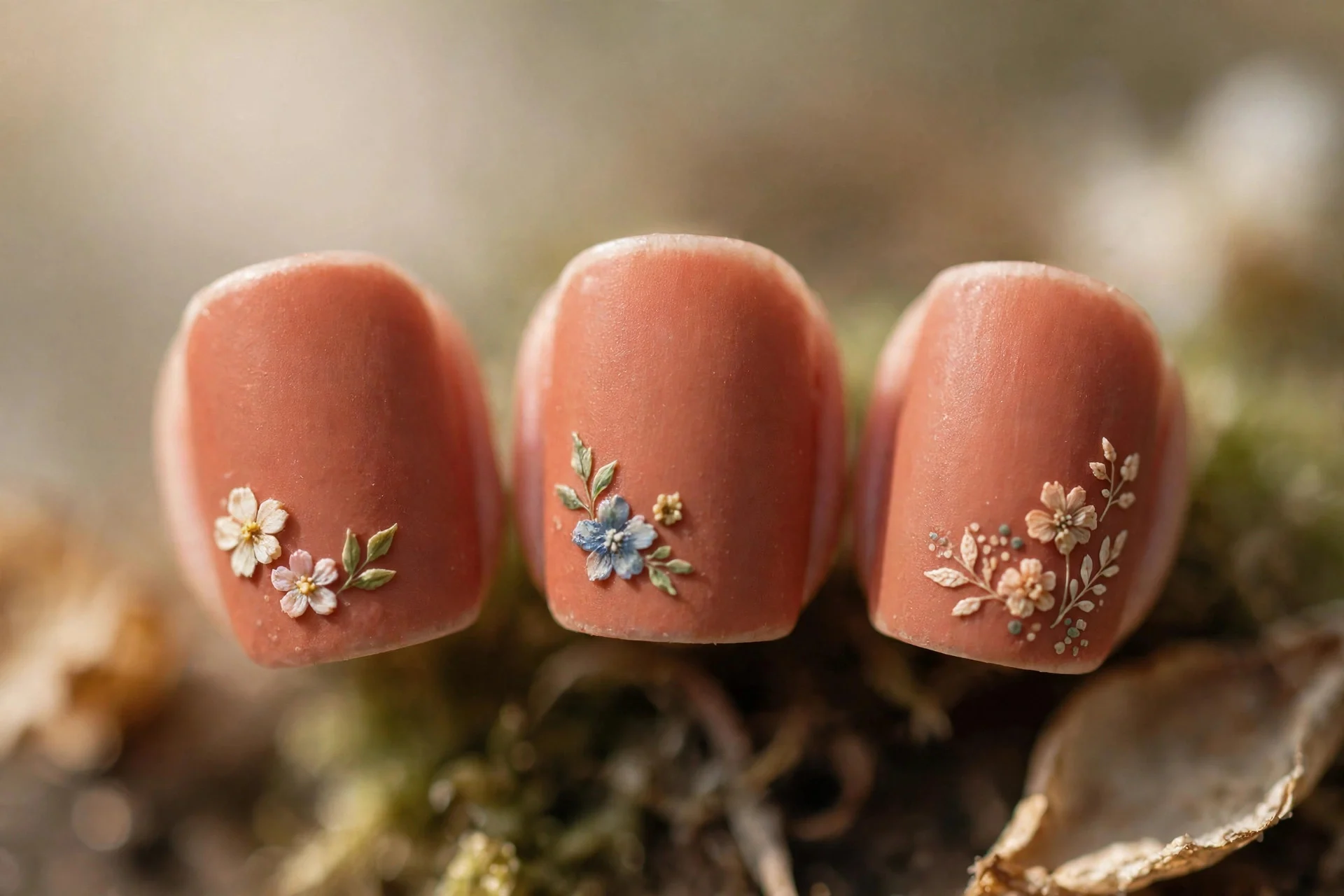 Terracotta nails with tiny painted blossoms, short square nails