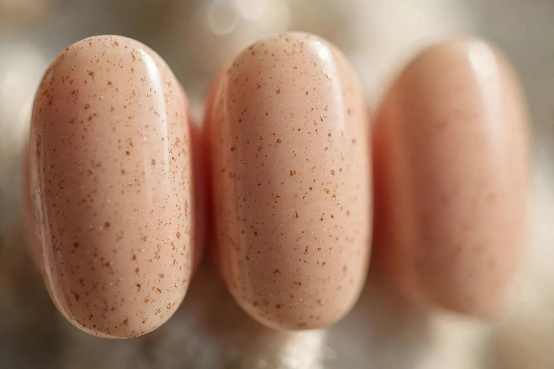 Warm nude nails with tiny brown speckles, short oval nails
