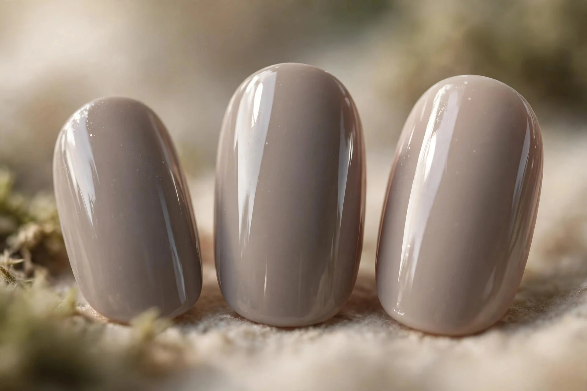 Soft warm grey polish, short almond nails