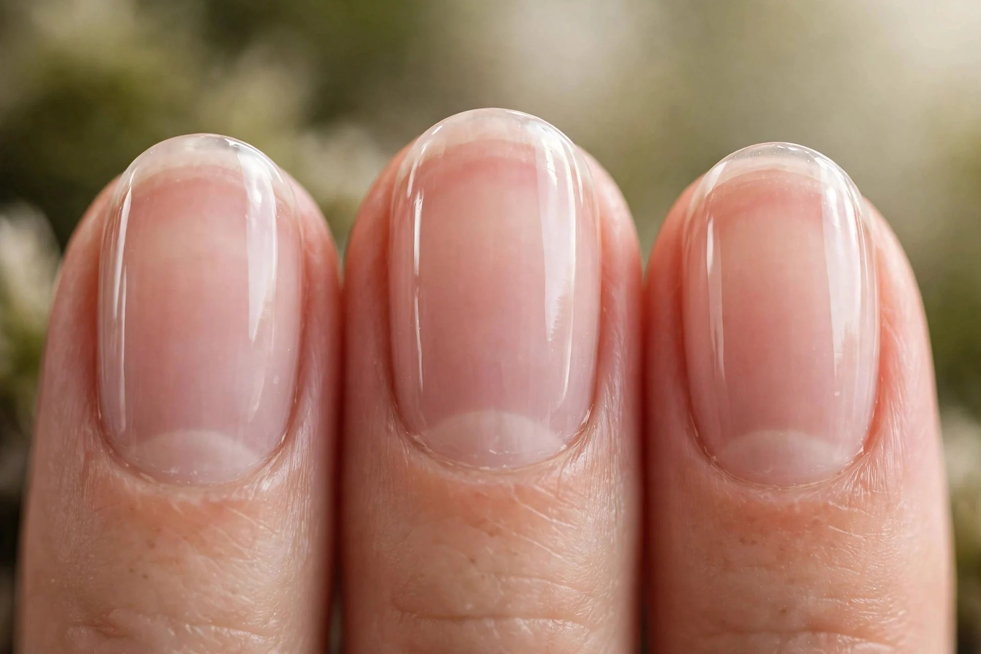 Clear ultra-glossy natural nails, short oval nails