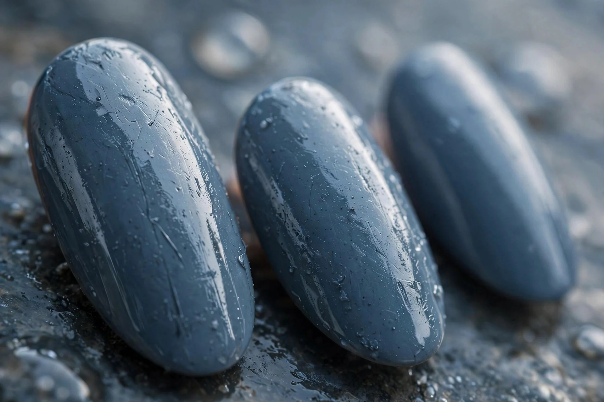 Slate blue-grey polish, almond nails