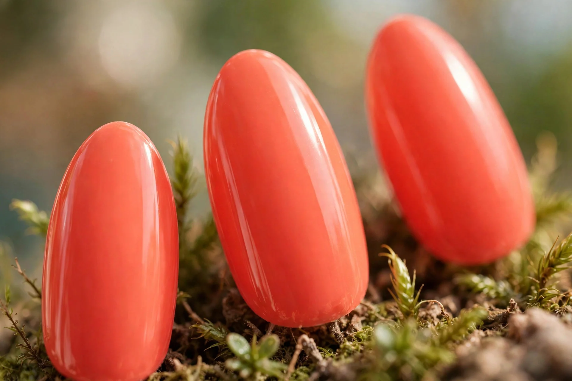 Bright coral polish, almond nails