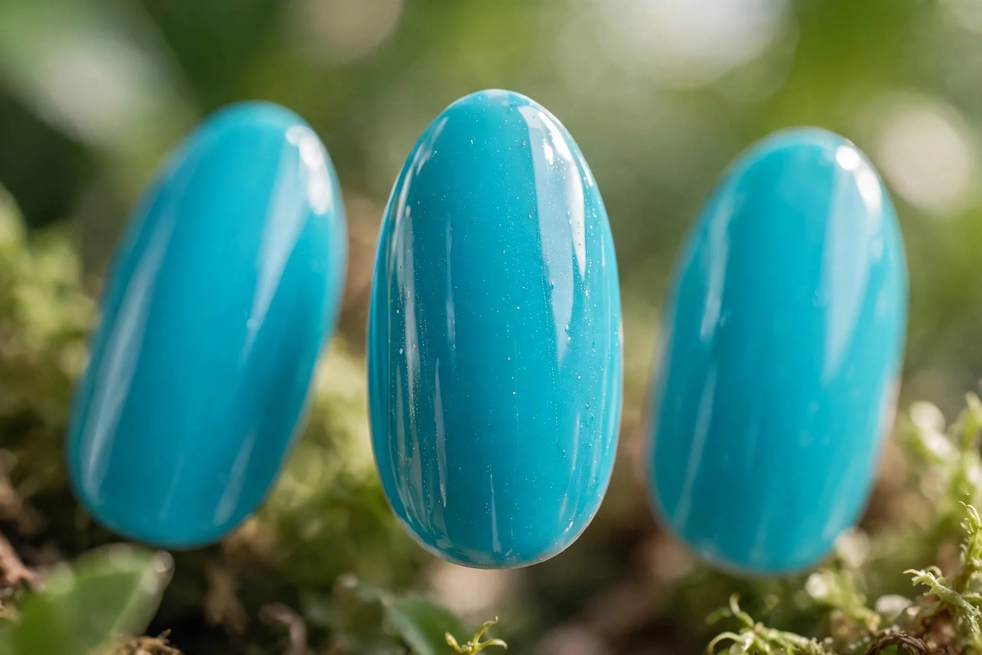 Tropical turquoise polish, medium almond nails