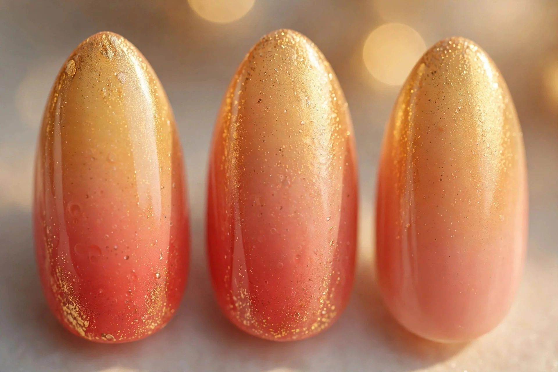 Coral to peach to gold sunset ombr&eacute;, almond nails