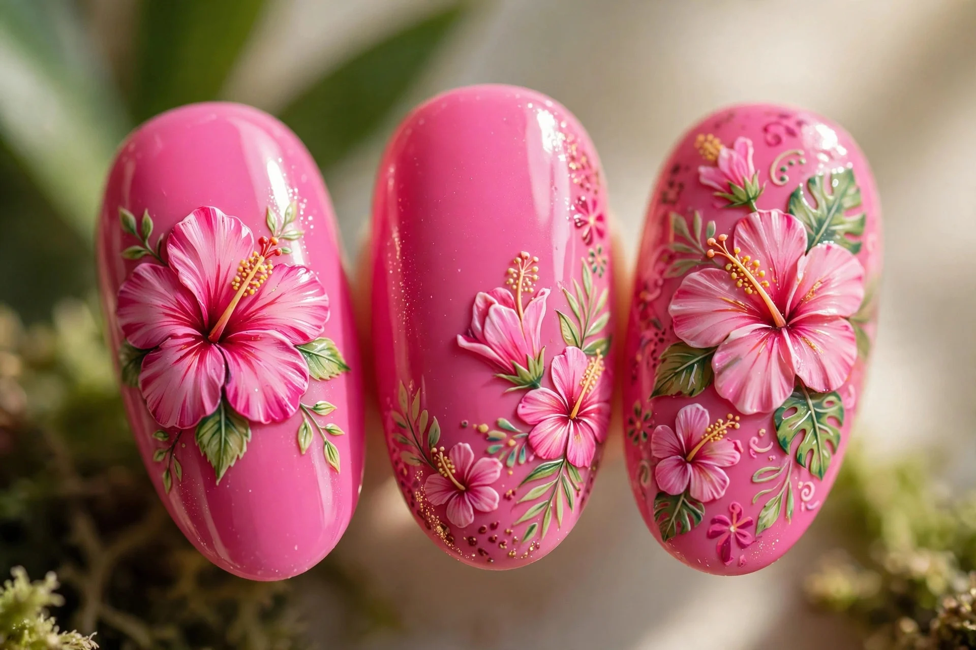 Bright pink nails with hand-painted hibiscus flowers, almond nails