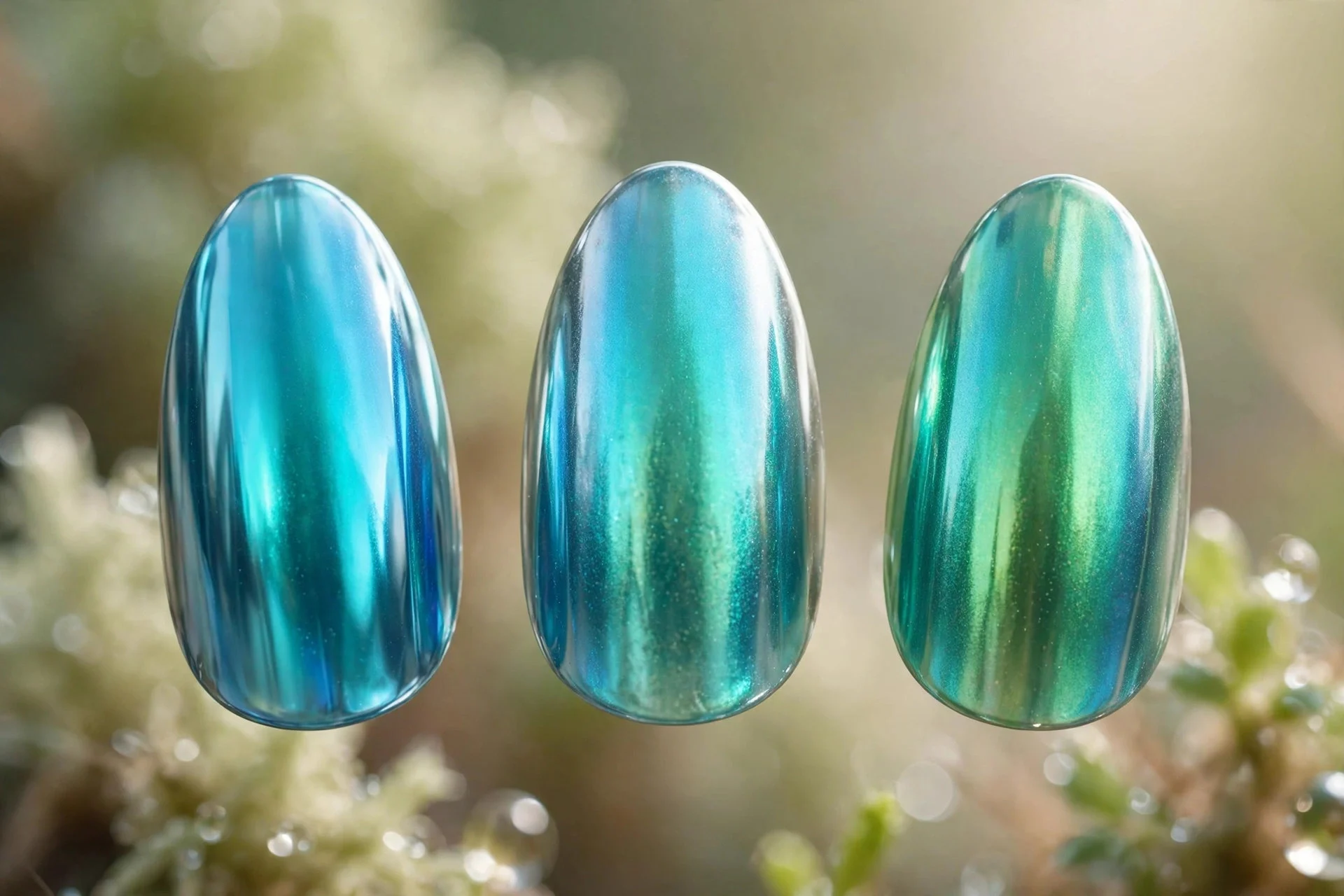 Shifting aqua chrome nails, blue to green, almond nails