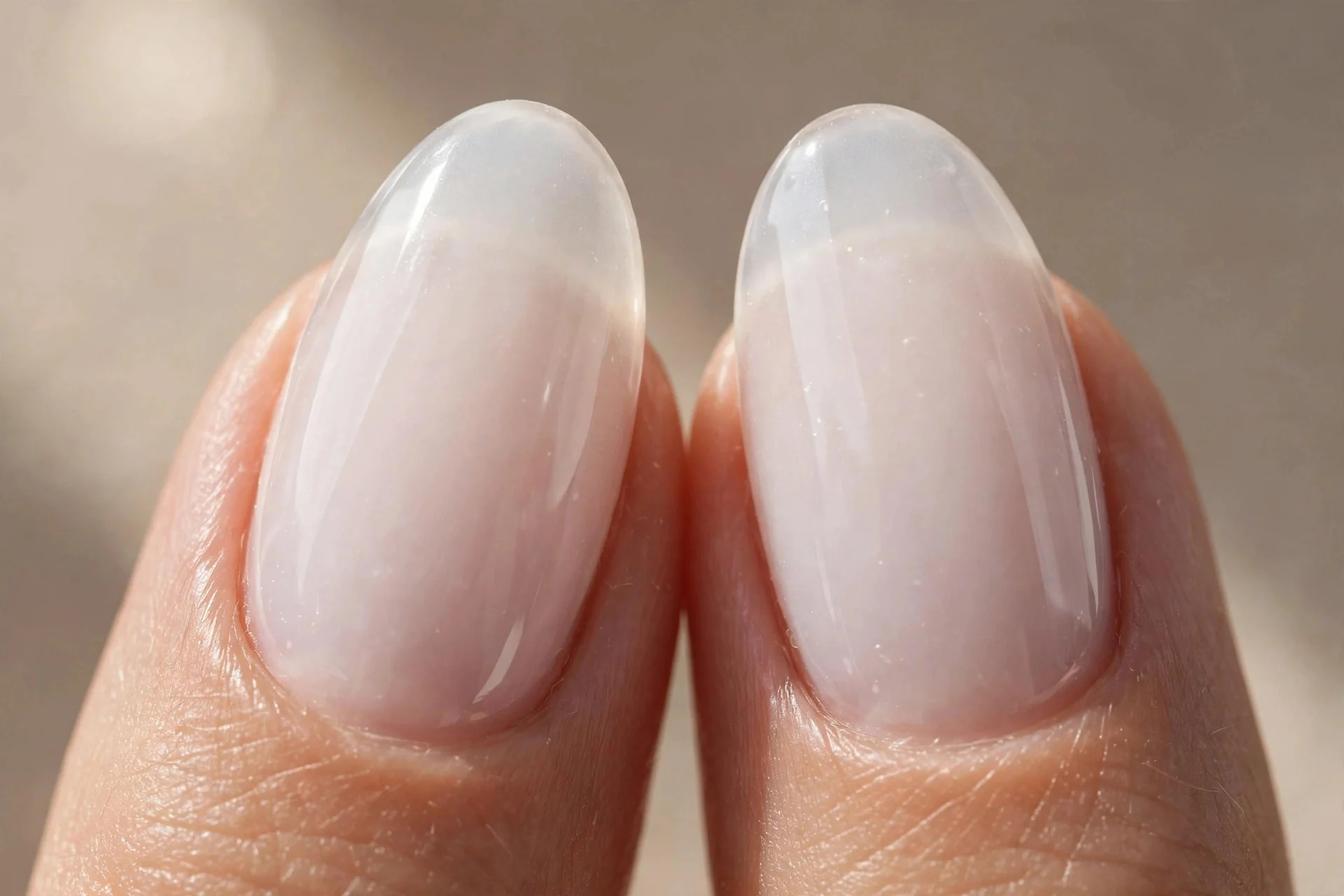 Extreme macro of two almond fingernails in sheer milky white jelly polish, translucent frosted-glass finish, soft daylight, b