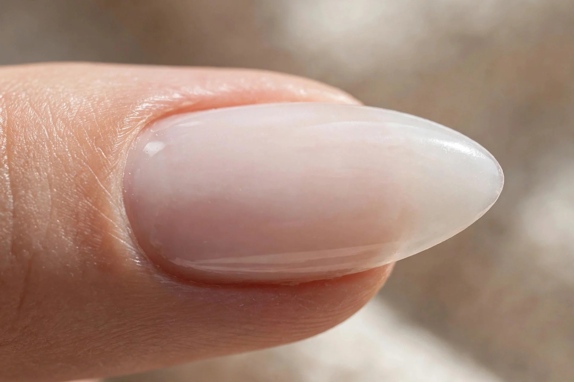 Extreme macro of a single almond-shaped fingernail in sheer milky polish, tapered sides and softly rounded tip, clean cuticle