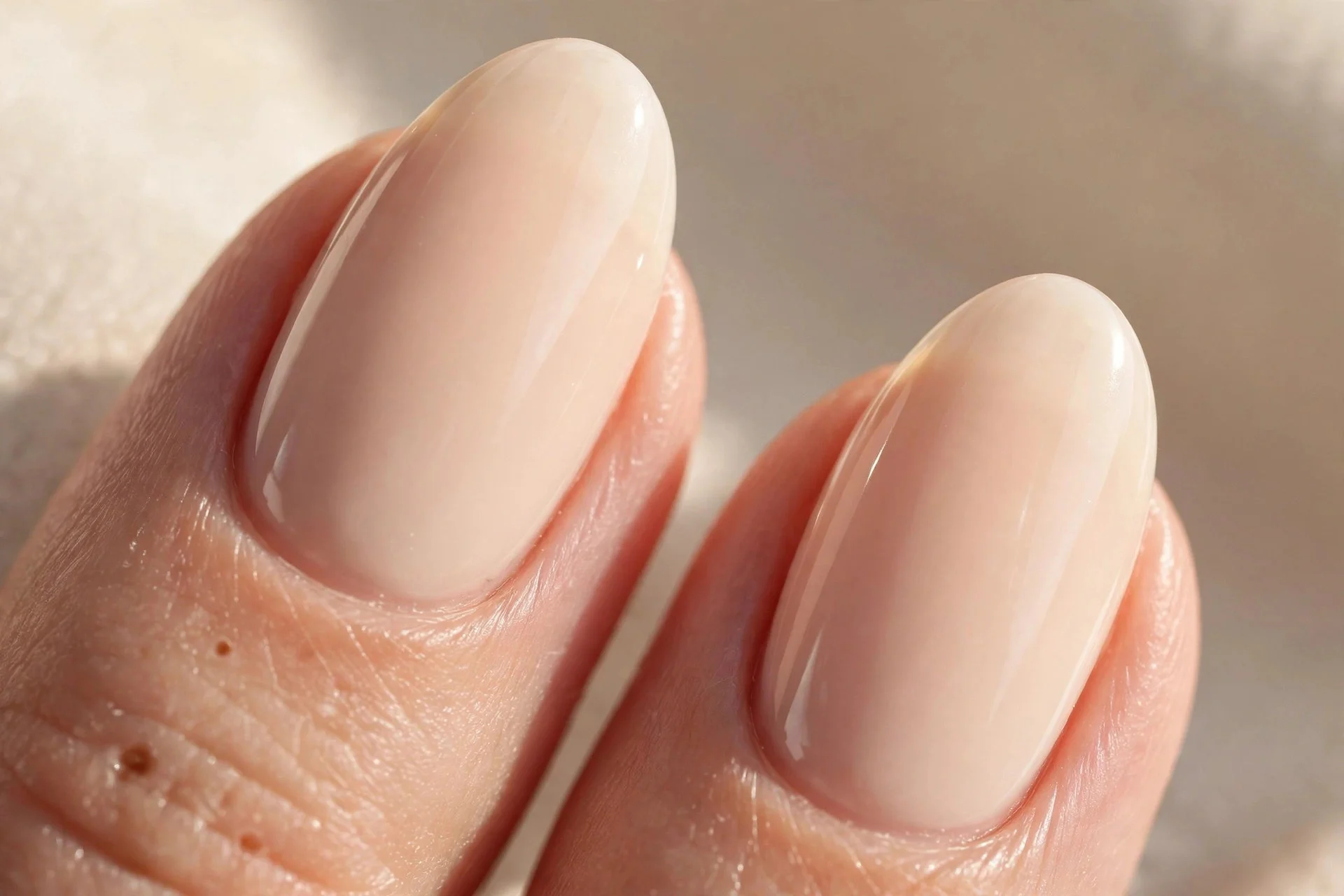 Extreme macro of two almond fingernails in warm creamy milky polish with a soft peachy undertone, glowing finish, soft daylig