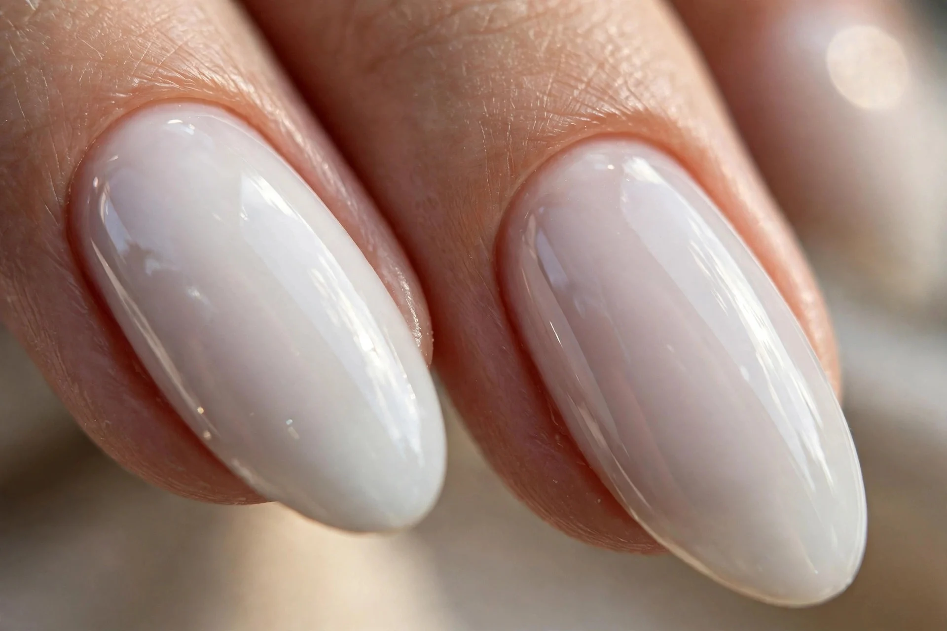 Extreme macro of two almond fingernails in milky white polish with an ultra-glossy glass-like top coat, mirror shine, soft da