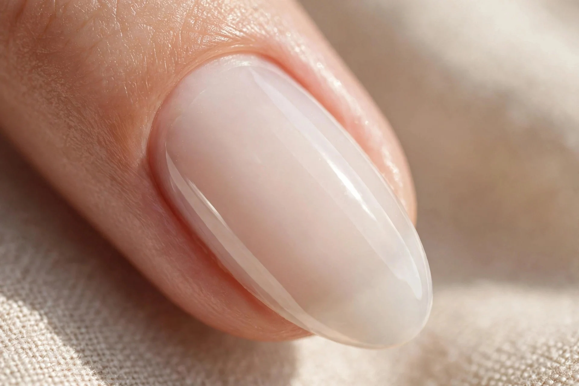 Extreme macro of a single healthy almond fingernail in sheer milky jelly polish, smooth ridge-free surface, natural glow, sof