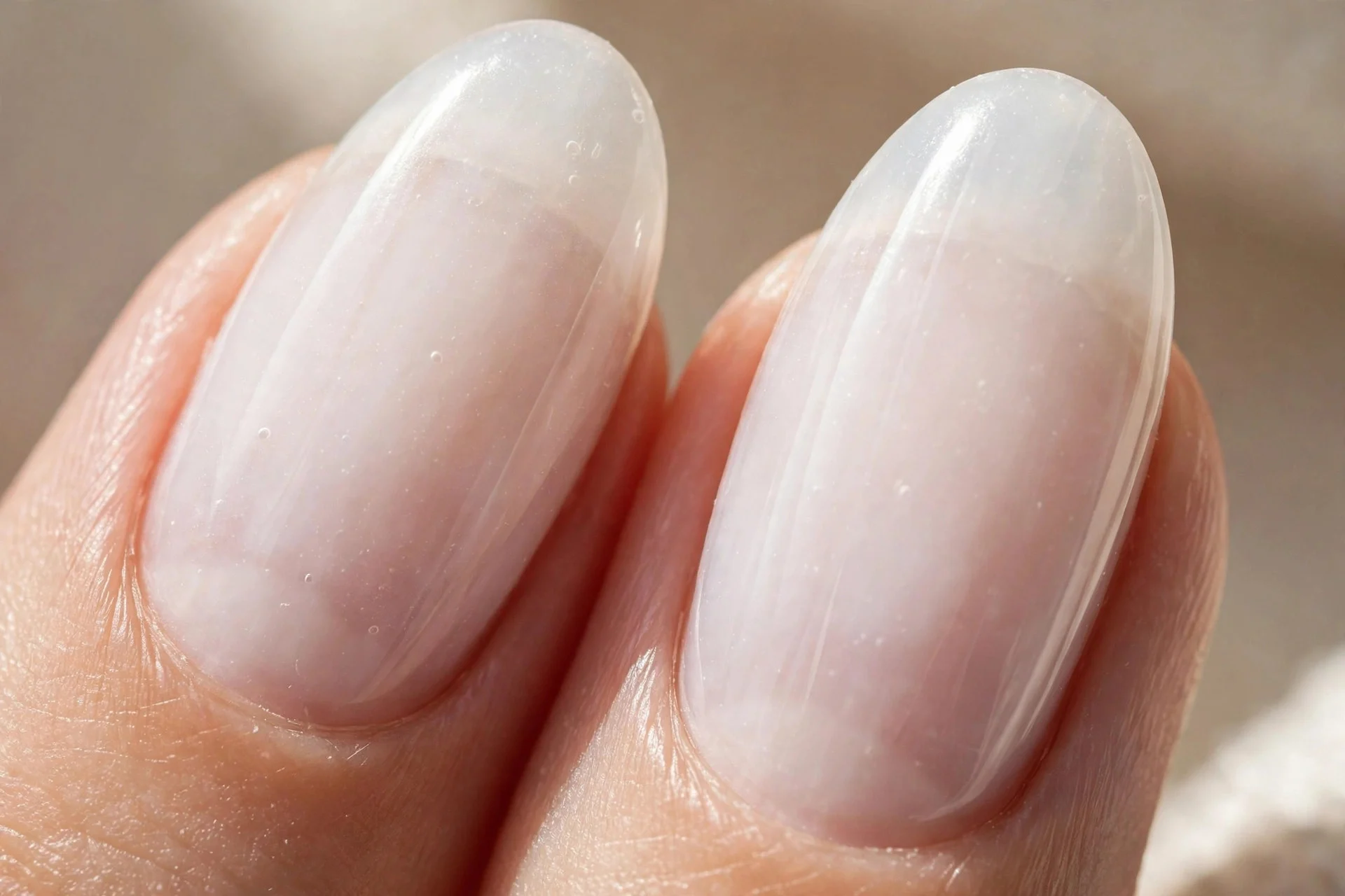 Extreme macro of two almond fingernails in translucent milky white polish, nail line faintly visible through sheer layers, lu