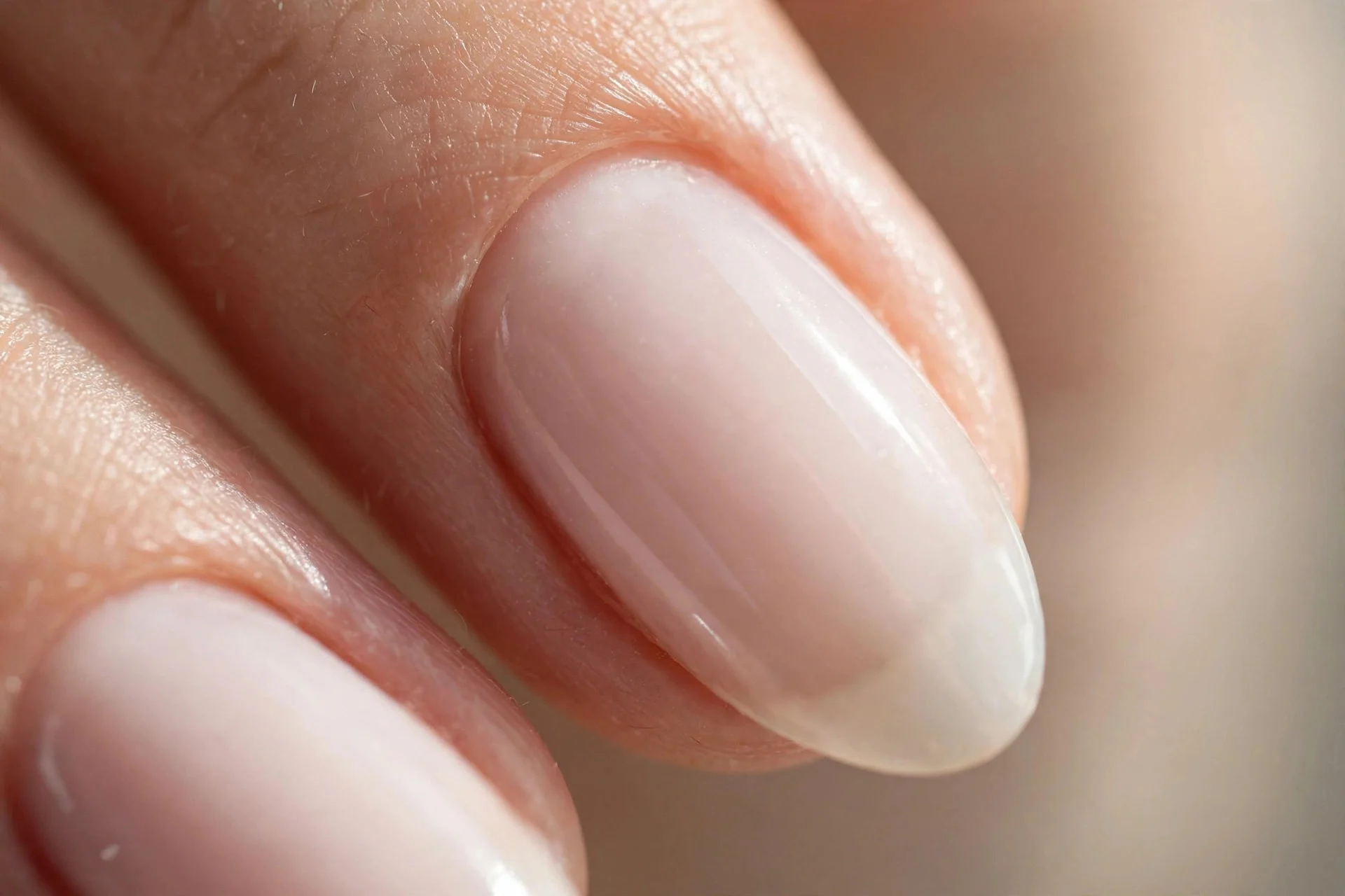 Extreme macro of an almond fingernail in milky polish with perfectly groomed pushed-back cuticles, neat clean smile line, sof