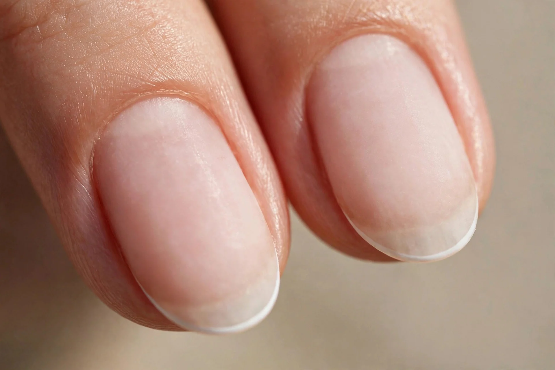 Extreme macro of two almond fingernails with sheer milky bases and delicate 1mm micro-French white tips, thin curved smile li