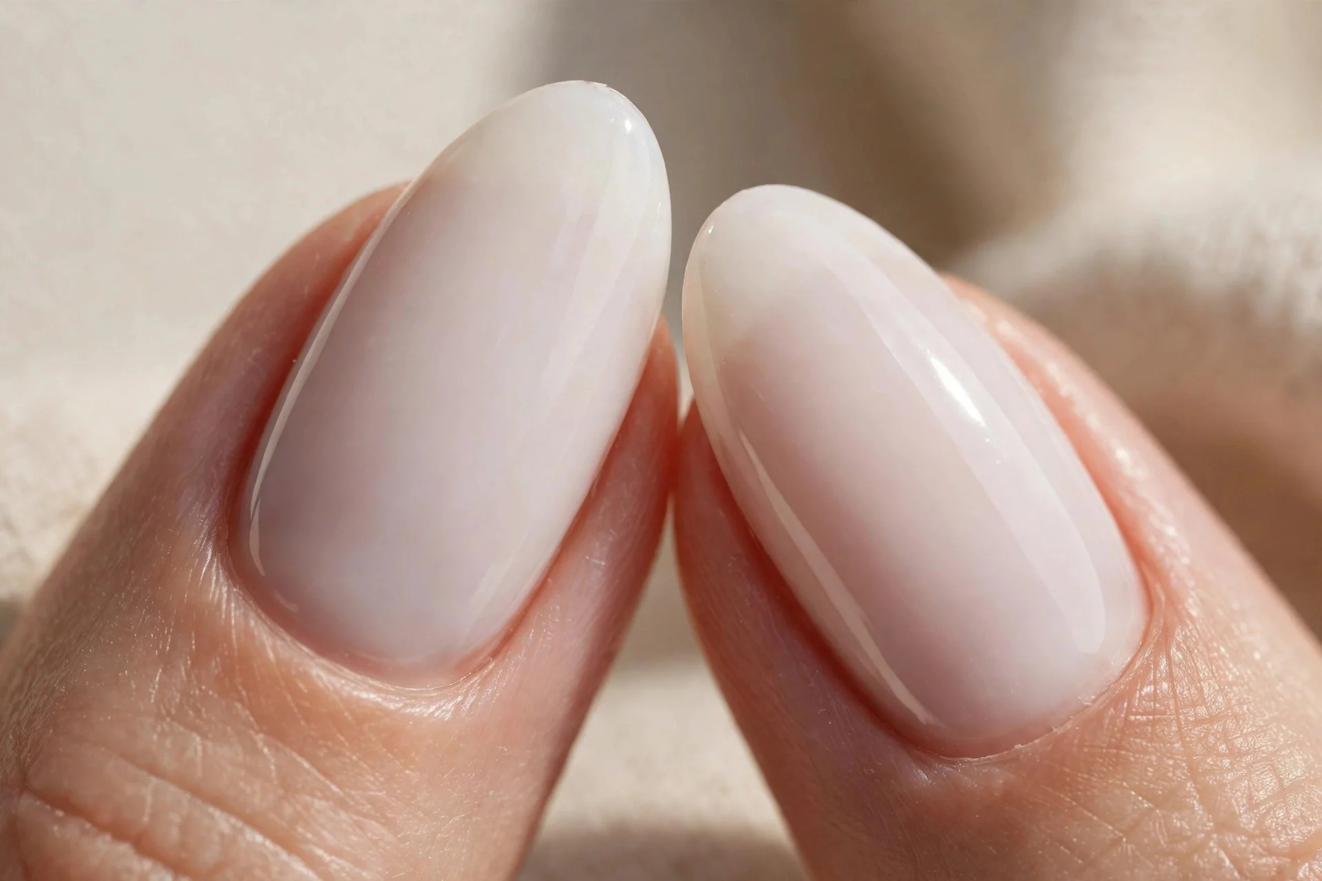 Extreme macro of two almond fingernails in perfectly smooth two-coat milky gel polish, flawless self-leveled surface, soft da