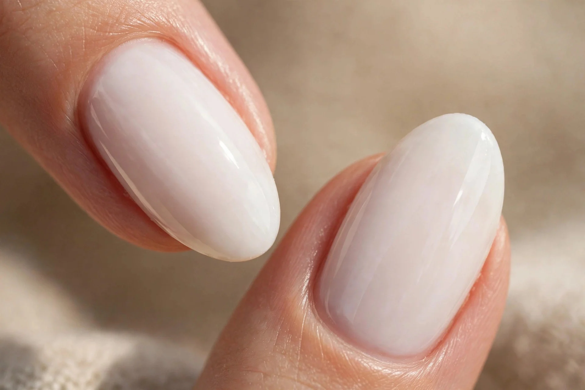 Extreme macro of two medium-length almond fingernails in milky polish, practical elegant length, short free edge, soft daylig