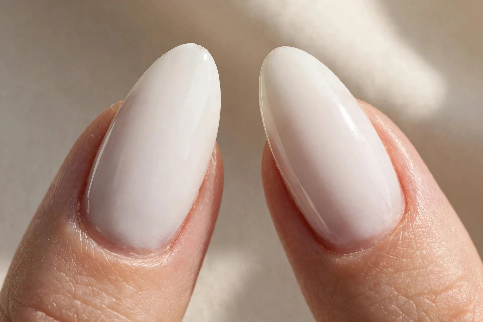 Extreme macro of two perfectly symmetrical almond fingernails in milky polish, mirror-image shaping, soft daylight, blurred b