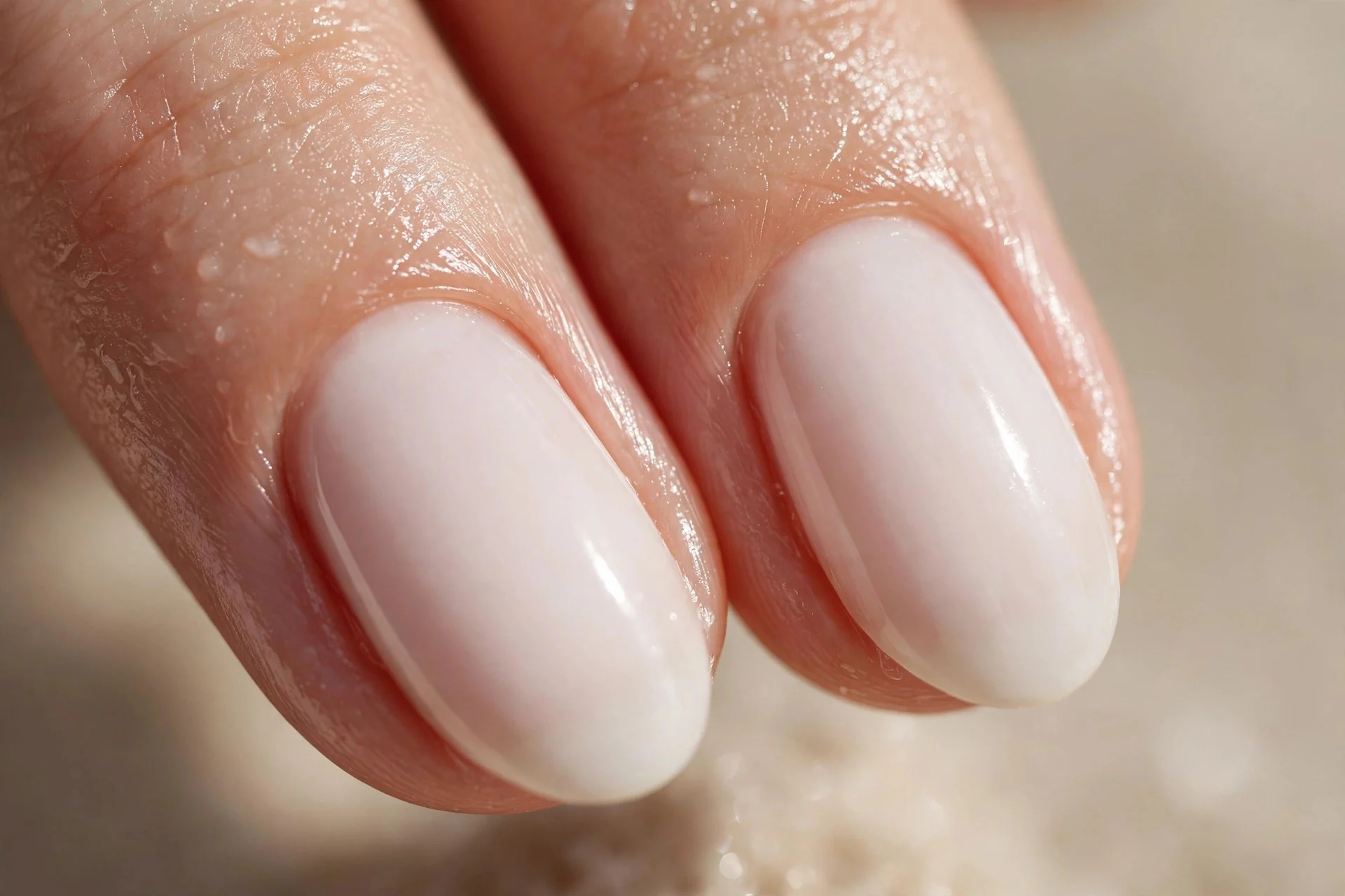 Extreme macro of two almond fingernails in milky polish on visibly hydrated smooth hands, healthy glowing skin around the nai