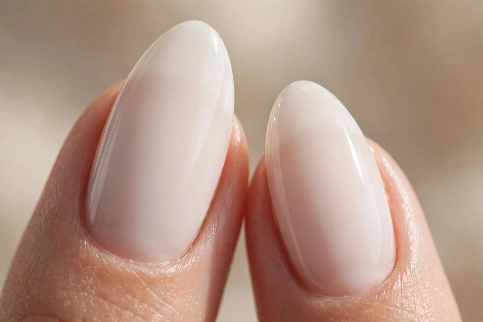 Extreme macro of two almond fingernails in milky polish on a perfectly prepped bare nail base, flawless even application, sof
