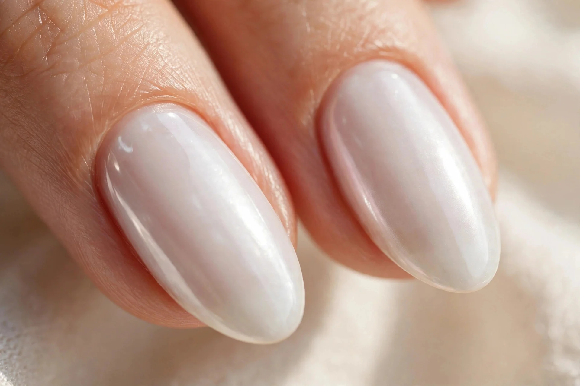 Extreme macro of two almond fingernails in milky white chrome with a glassy liquid-pearl finish, soft daylight, blurred cream