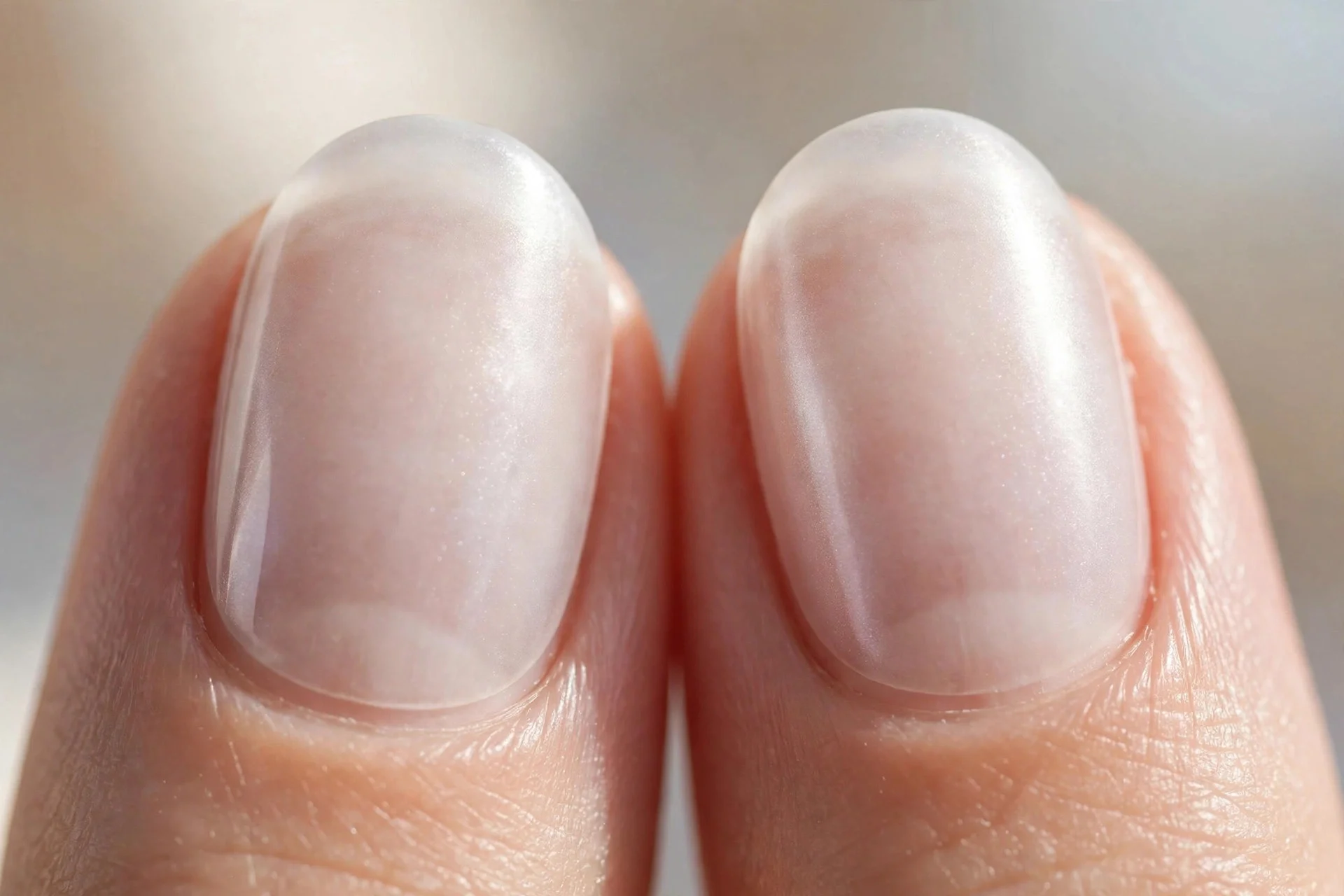 Extreme macro of two short oval fingernails in sheer milky white chrome, translucent frosted finish with natural nail faintly