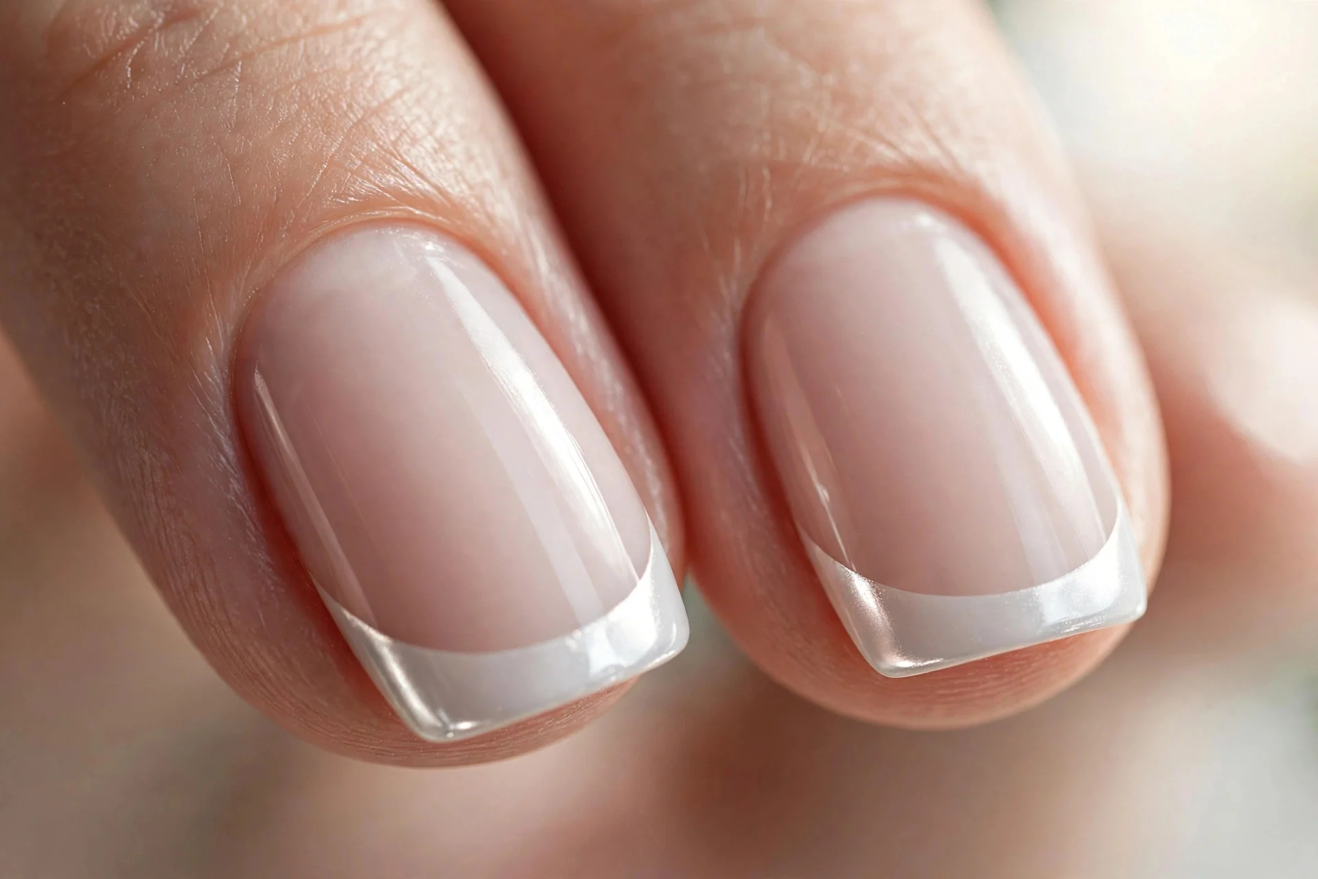 Extreme macro of two fingernails with sheer nude base and milky white chrome French tips, crisp glowing smile line, soft dayl