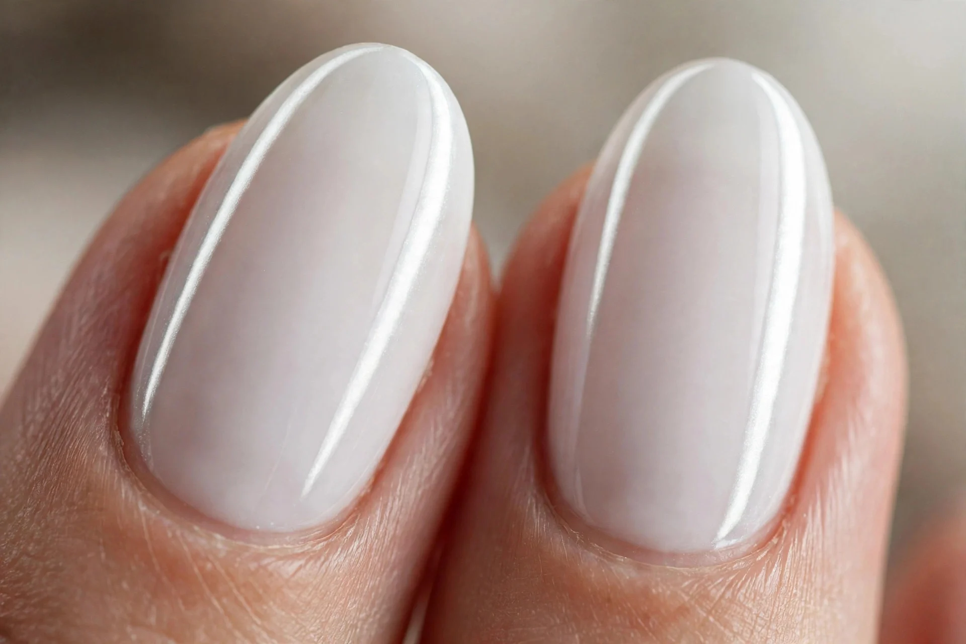Extreme macro of two medium-length almond fingernails in milky white chrome, light band running the full curve, glossy finish
