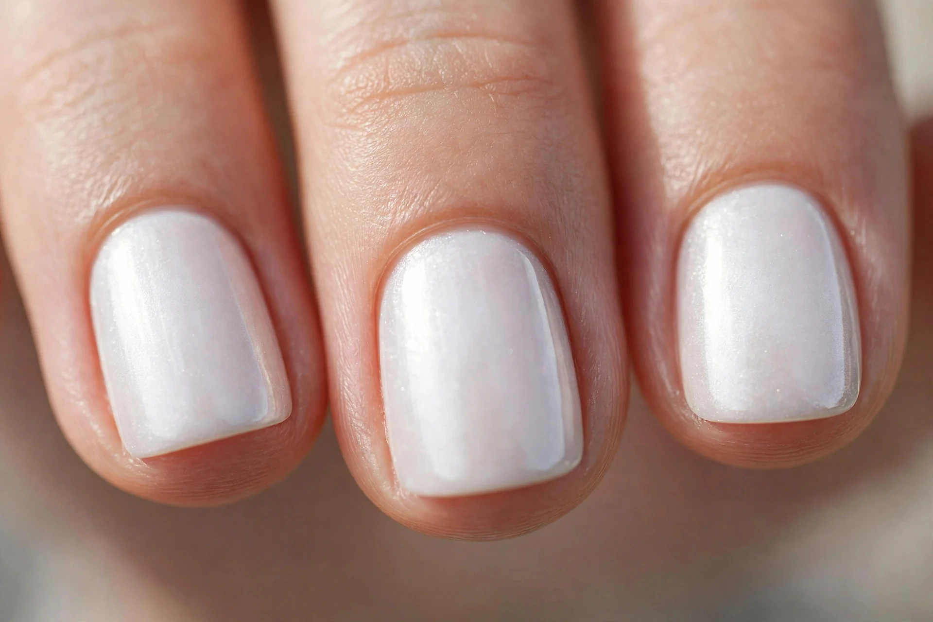 Extreme macro of three short squoval fingernails in milky white chrome, neat cuticles, clean modern finish, soft daylight