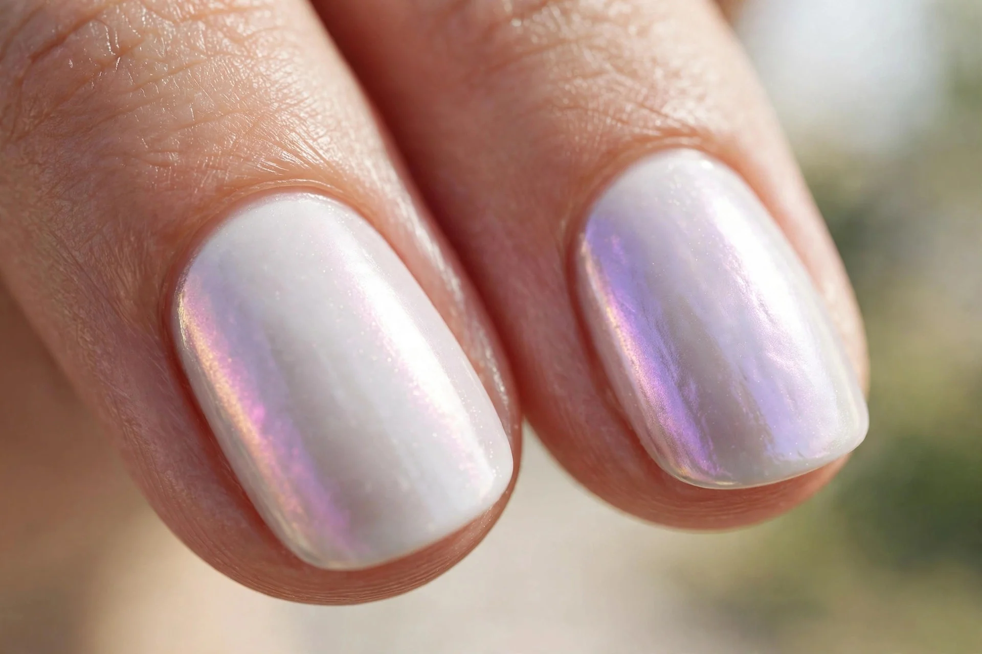Extreme macro of two fingernails in milky white chrome with an iridescent pearl shift showing pink and lavender tones, bright