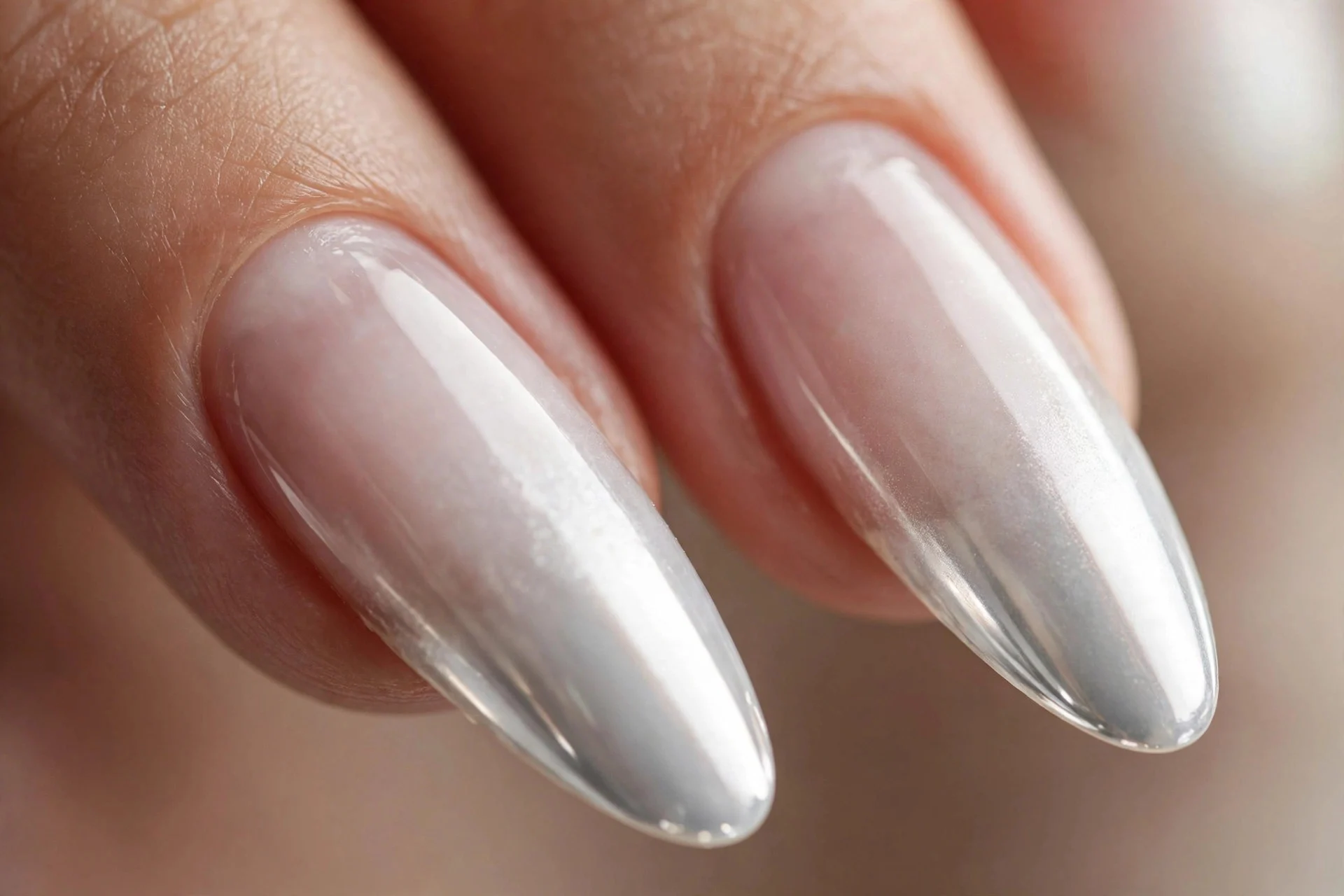 Extreme macro of two long fingernails with milky white chrome fading from dense at the tip to sheer near the cuticle, glossy 