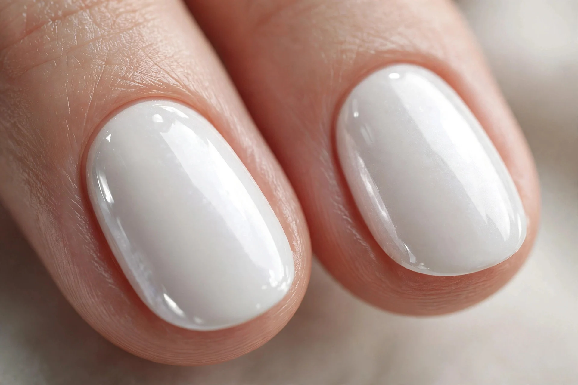 Extreme macro of two oval fingernails in glazed donut white chrome, high-shine reflective finish, soft studio light