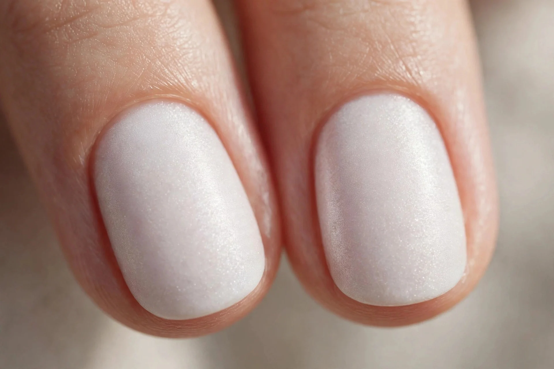 Extreme macro of two fingernails in milky white chrome under a velvety matte top coat, frosted diffused shimmer, soft light