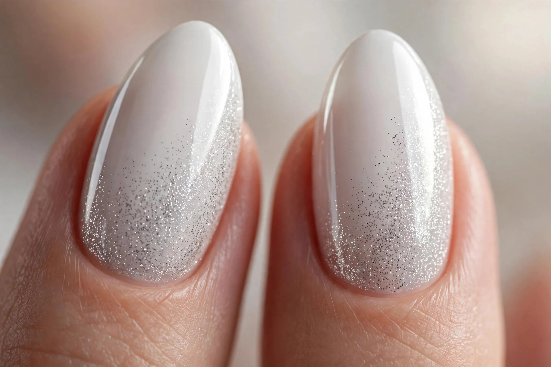 Extreme macro of two almond fingernails in milky white chrome with fine silver micro-glitter fading across the outer half, gl