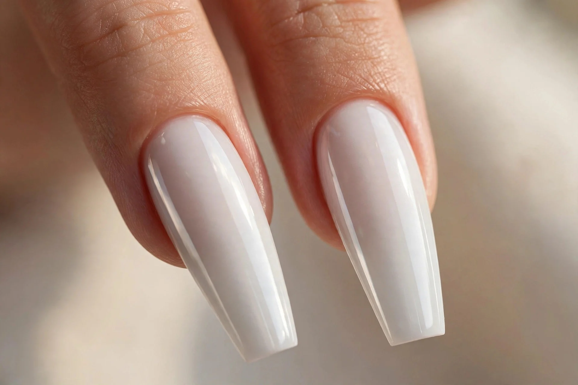 Extreme macro of two long coffin fingernails in milky white chrome, dramatic mirror-like length, high gloss
