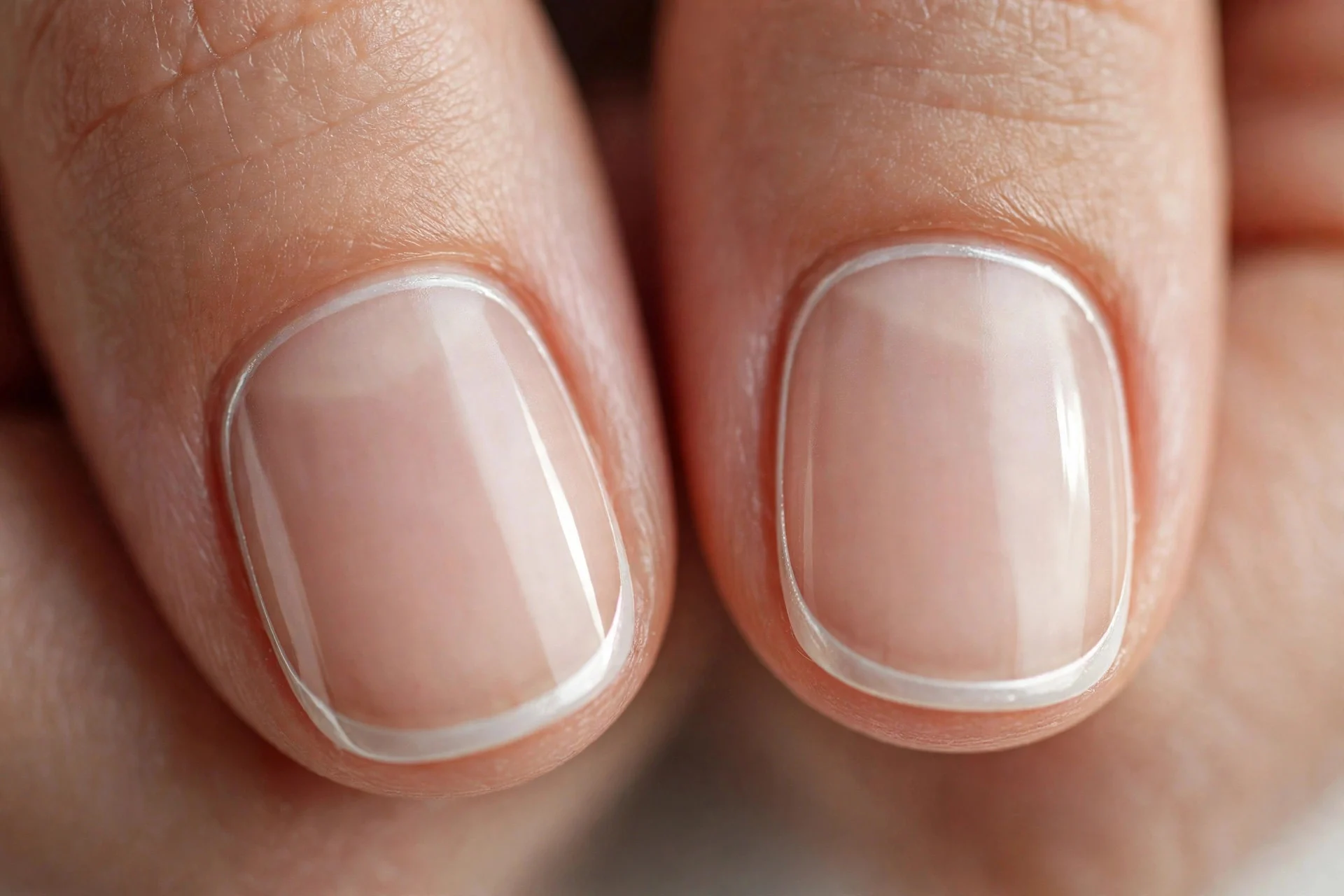 Extreme macro of two fingernails with sheer nude centers and thin milky white chrome outlining the perimeter, minimalist desi