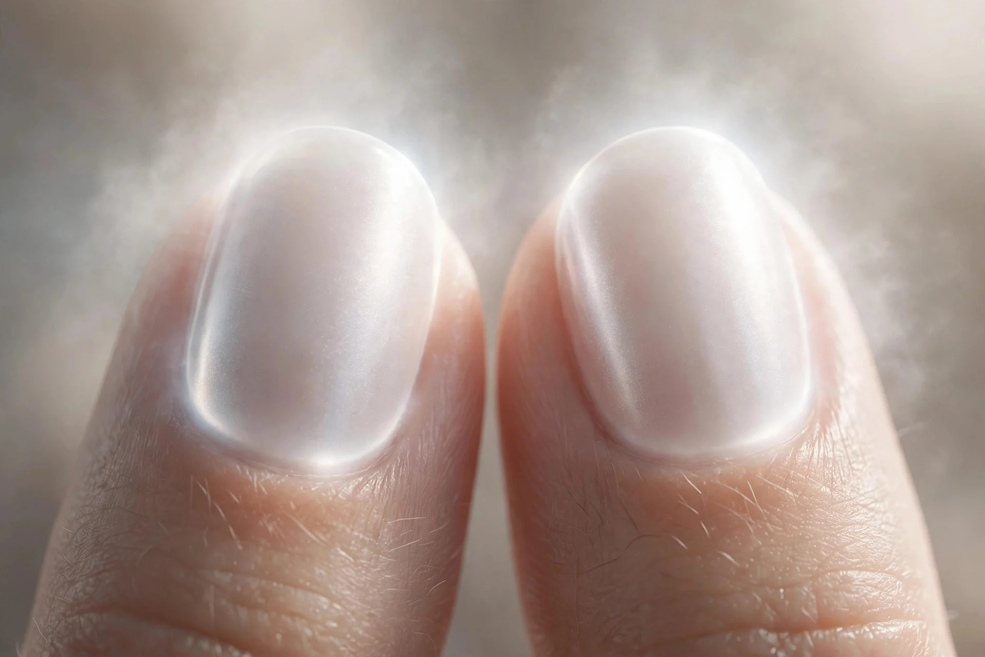 Extreme macro of two fingernails with a soft white aura glowing through milky chrome, dreamy diffused finish