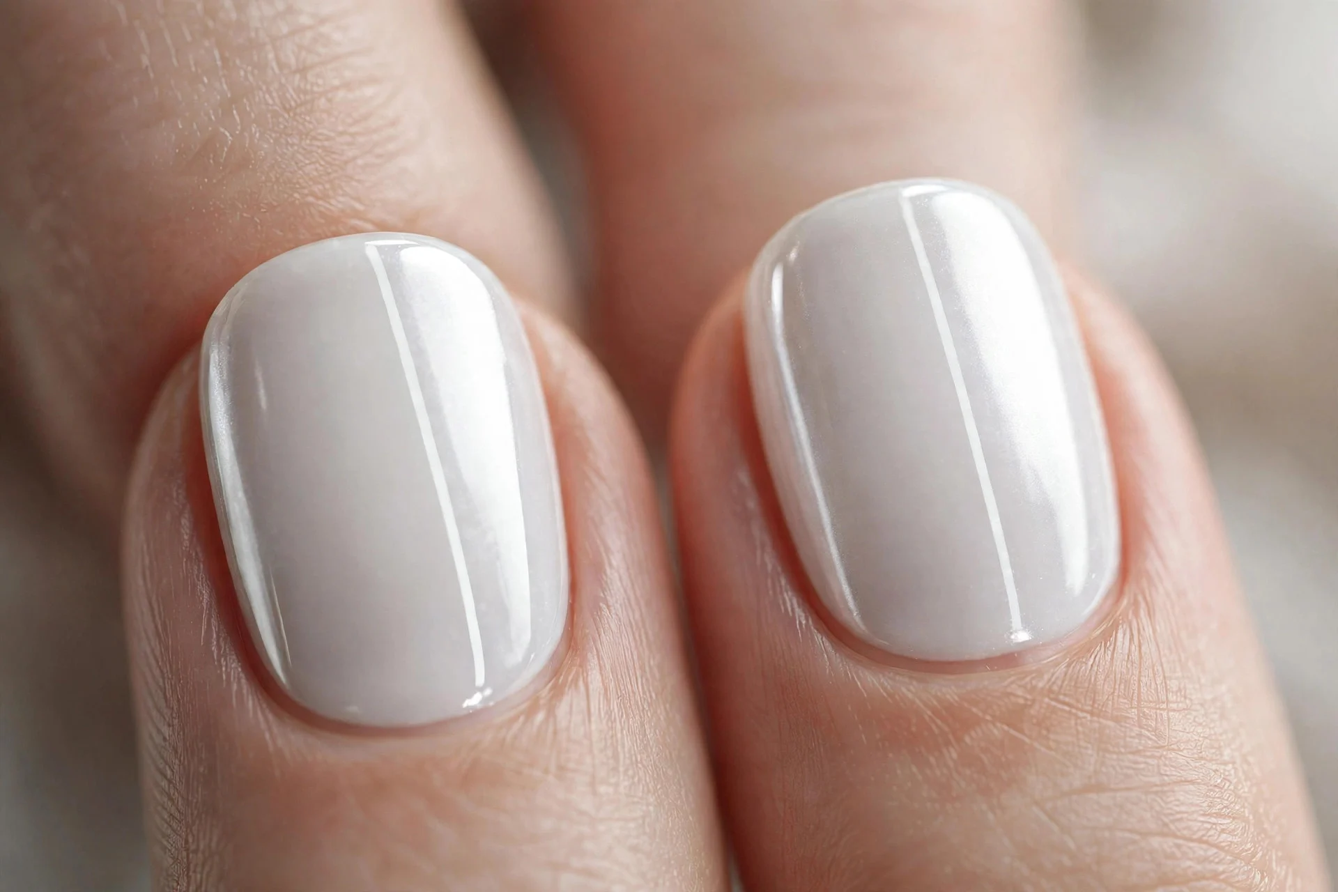 Extreme macro of two fingernails in milky white chrome with a single thin white vertical line accent, minimalist nail art