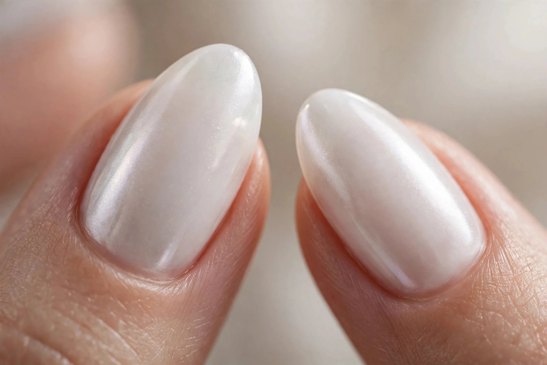 Extreme macro of two almond fingernails in bridal milky white chrome with a delicate pearl glow, elegant soft lighting