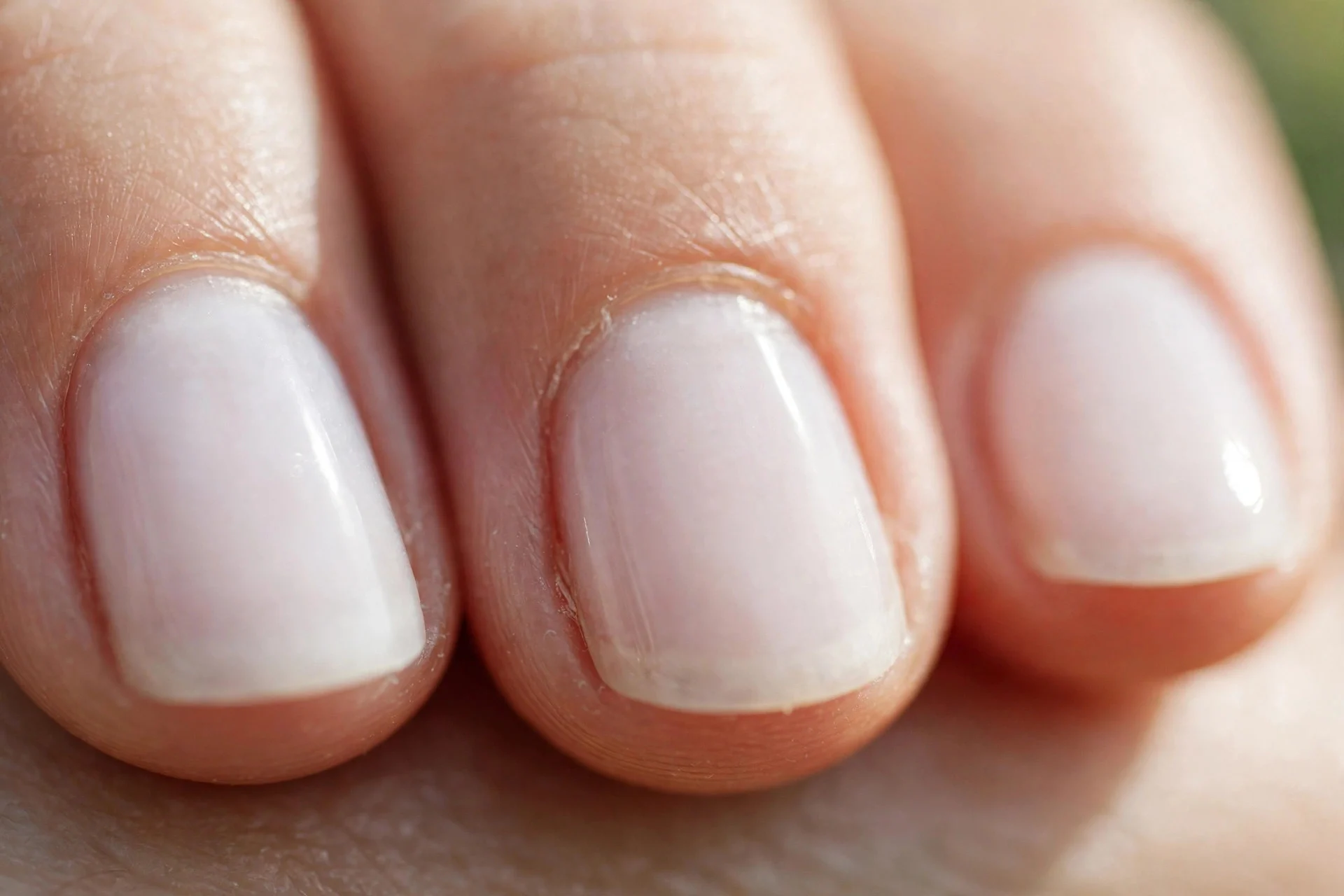 short nails with a single sheer milky white coat, natural nail faintly visible