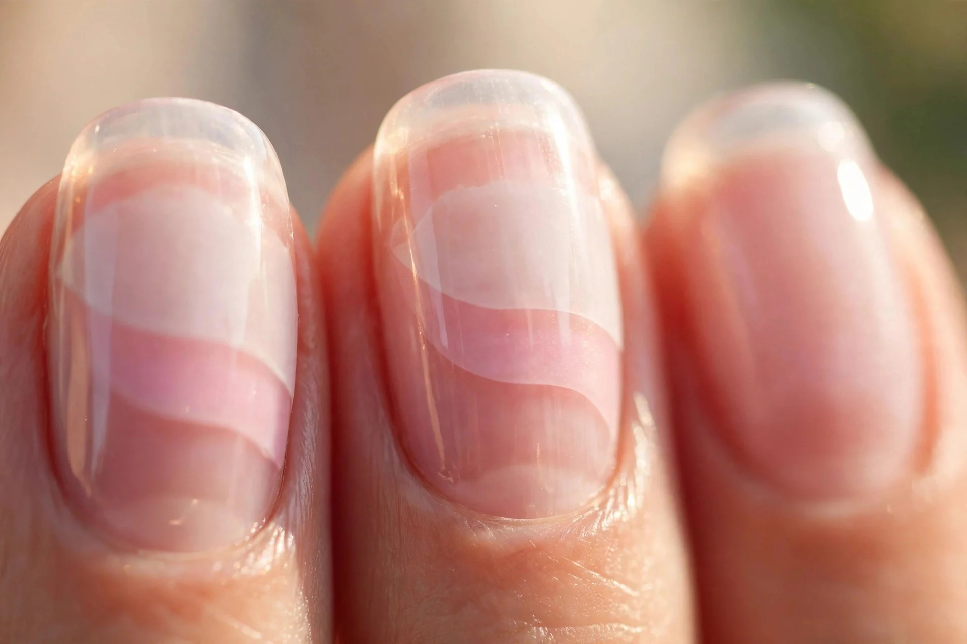 nails layered with sheer pink under sheer white, warm glowing finish