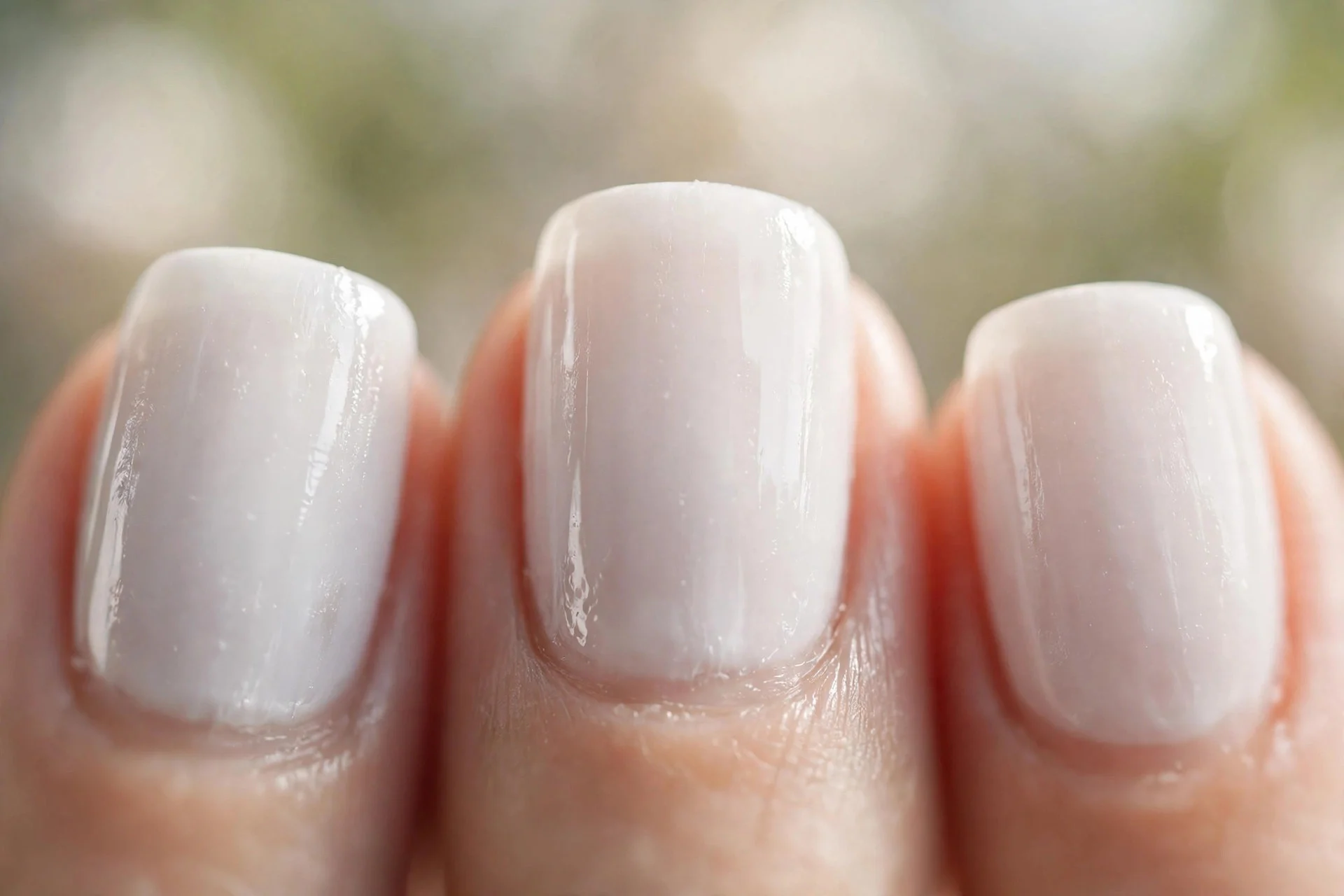 short squoval nails in milky white with a clean glossy finish