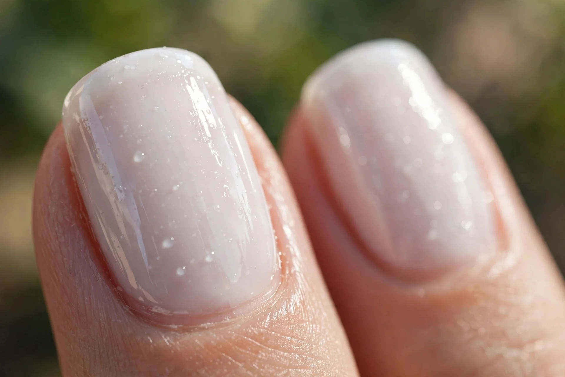 milky white nails with a fresh wet-look glossy top coat