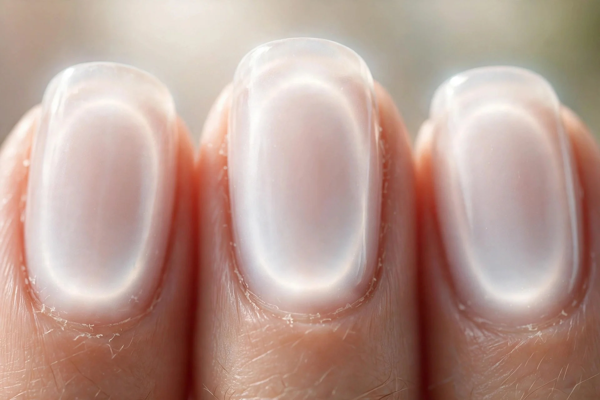 nails with a soft white aura glowing through a sheer milky base