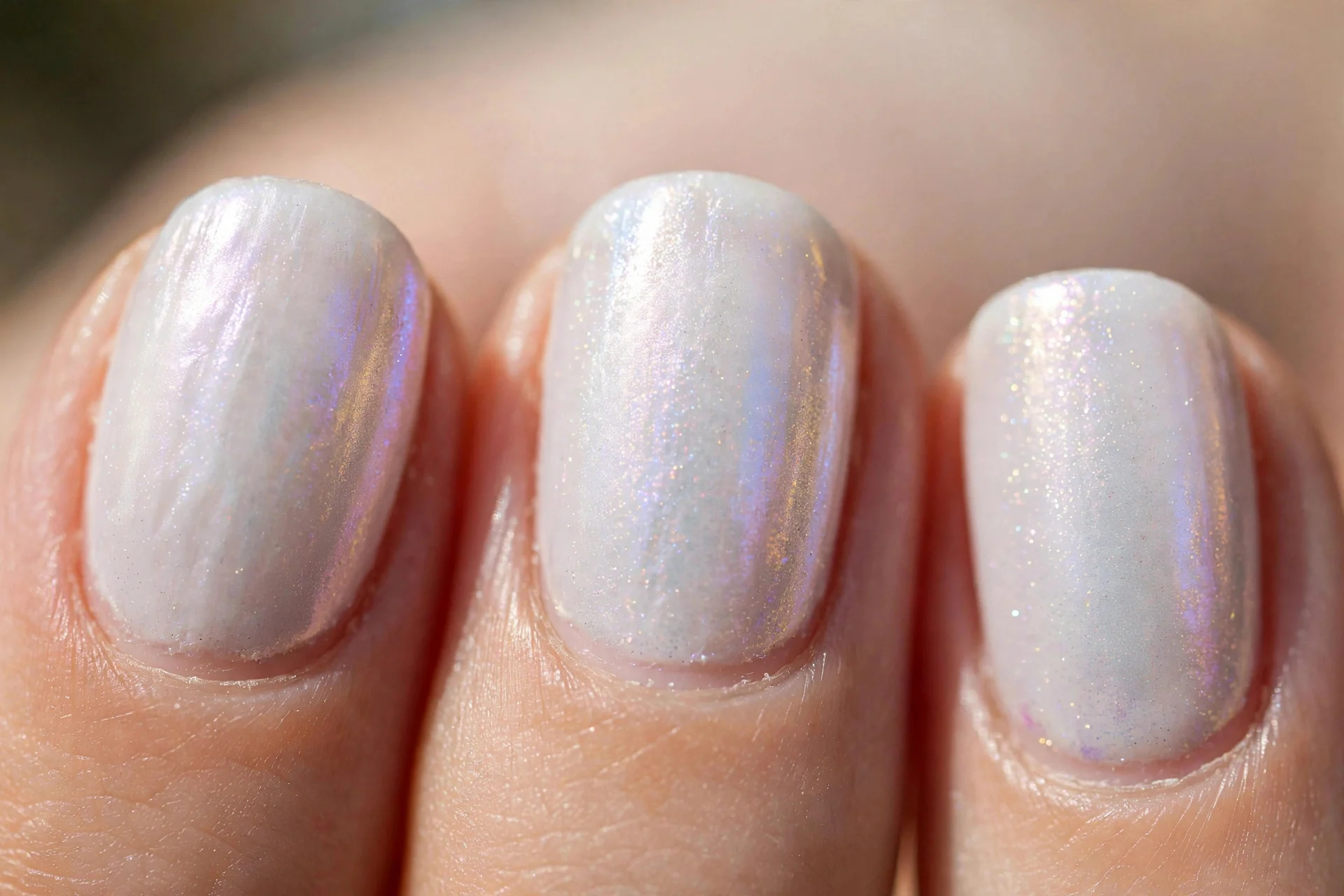 milky white nails with iridescent pearl chrome shimmer